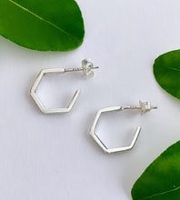 Load image into Gallery viewer, sterling silver pentagon geometric hoops with a post and butterfly back to make them easy to wear