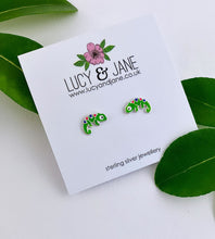 Load image into Gallery viewer, sterling silver and green chameleon studs on a white backing card