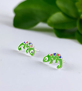 sterling silver chameleon studs in green with little bits of pink and blue detailing
