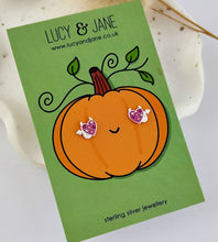 Load image into Gallery viewer, sterling silver pink sparkly heart studs with little silver devil horns and tail