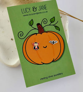 sterling silver mismatched Halloween earrings - featuring one bat and one vampire earring