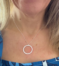 Load image into Gallery viewer, sterling silver hammered circle necklace on model