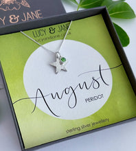 Load image into Gallery viewer, sterling silver star birthstone necklace for an august birthday girl