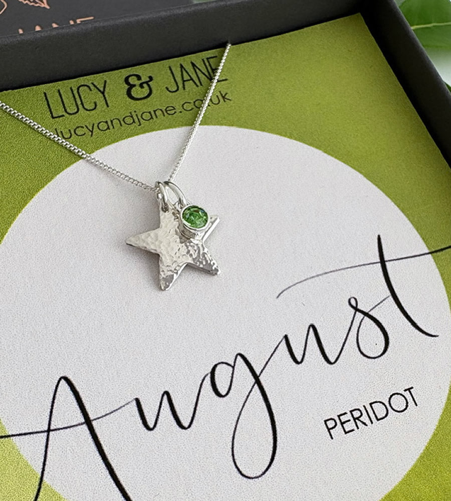 sterling silver hammered star birthstone necklace for august 