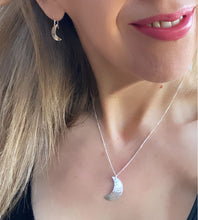 Load image into Gallery viewer, model wearing handmade hammered moon necklace with the handmade hammered moon drop earrings