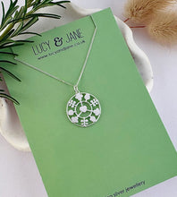 Load image into Gallery viewer, sterling silver heart and leaves circle necklace on a Lucy and Jane jewellery card