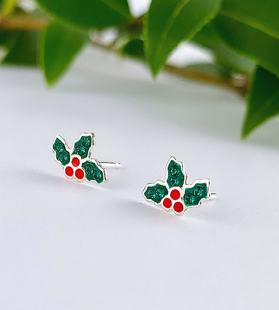 sterling silver green sparkly holly studs