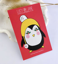 Load image into Gallery viewer, sterling silver holly studs for kids on a fun design penguin christmas backing card