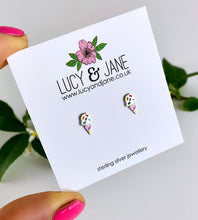 Load image into Gallery viewer, sterling silver ice cream earrings with sprinkles on a Lucy and Jane earring card