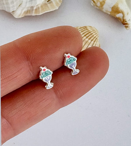 sterling silver ice cream earrings in blue and lilac with a tiny red cherry