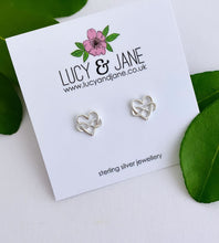 Load image into Gallery viewer, sterling silver open heart earrings with infinity symbol weaving between the heart