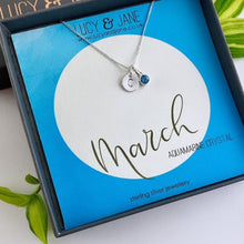 Load image into Gallery viewer, sterling silver intial birthstone necklace for march with an aquamarine crystal