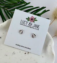 Load image into Gallery viewer, sterling silver ladybird earrings with three small red crystals for a touch of sparkle on each earring. On a Lucy and jane backing card