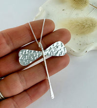 Load image into Gallery viewer, sterling silver large dragonfly necklace with hammered detailing on the wings and body