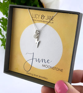 sterling silver lightning bolt birthstone necklace for june