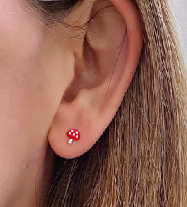 sterling silver mini mushroom stud earrings in models ear