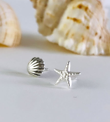 sterling silver mismatched shell and starfish studs