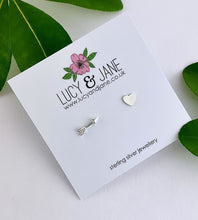 Load image into Gallery viewer, mismatched sterling silver heart and arrow earrings