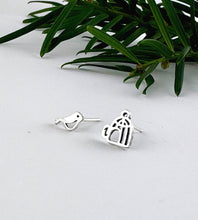 Load image into Gallery viewer, mismatched sterling silver tiny bird and a tiny birdcage with an open door