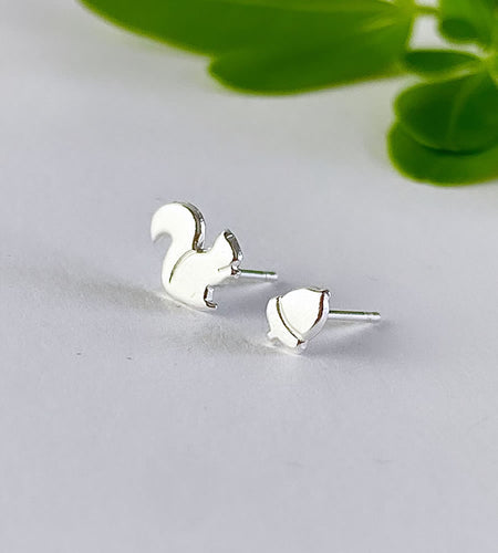 sterling silver mismatched squirrel and acorn stud earrings
