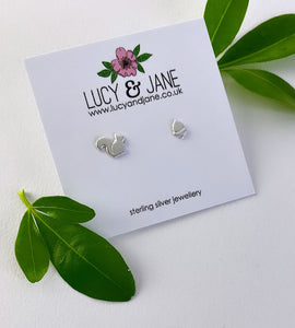 sterling silver small squirrel and acorn mismatched ear studs.  tiny earrings