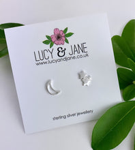 Load image into Gallery viewer, sterling silver mismatched moon and stars ear studs
