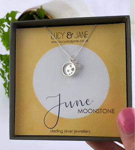 sterling silver june birthstone necklace with moon and stars