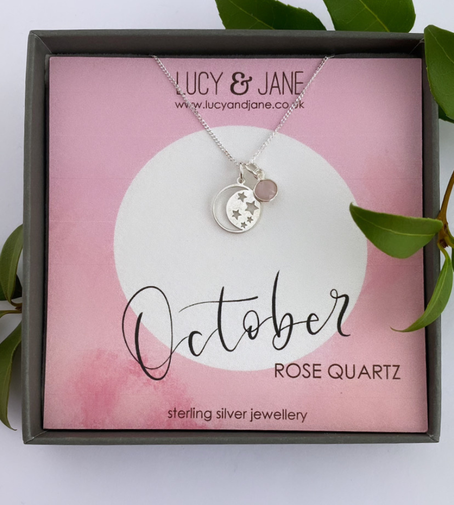 sterling silver moon and stars birthstone necklace for october
