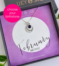 Load image into Gallery viewer, sterling silver moon birthstone necklace for february