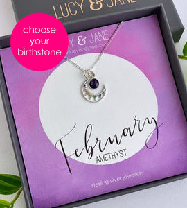 sterling silver moon birthstone necklace for february