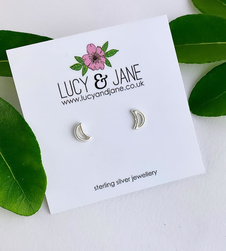 sterling silver small open moon studs.  Small and plain enough to be suitable earrings for school