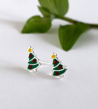 Load image into Gallery viewer, sterling silver christmas tree ear studs in green with a yellow star and three little red crystals on each tree