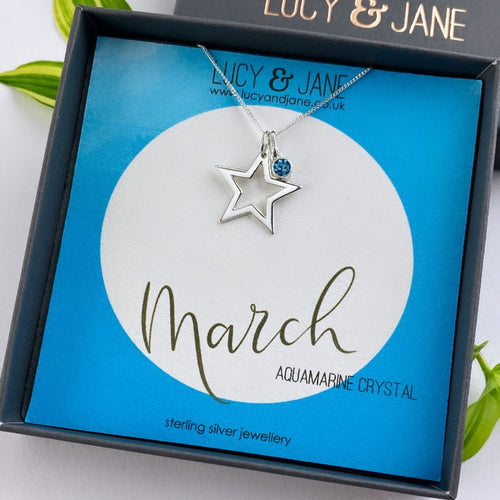 sterling silver large open star birthstone necklace for march