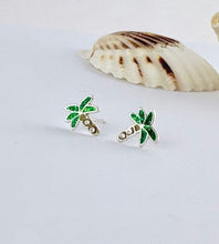 Load image into Gallery viewer, Palm tree earrings with green leaves and clear gemstones. Earrings for children