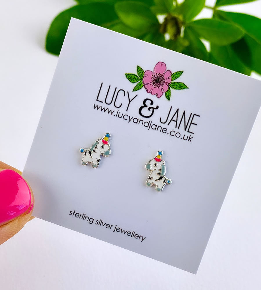 sterling silver zebra studs wearing colourful party hats