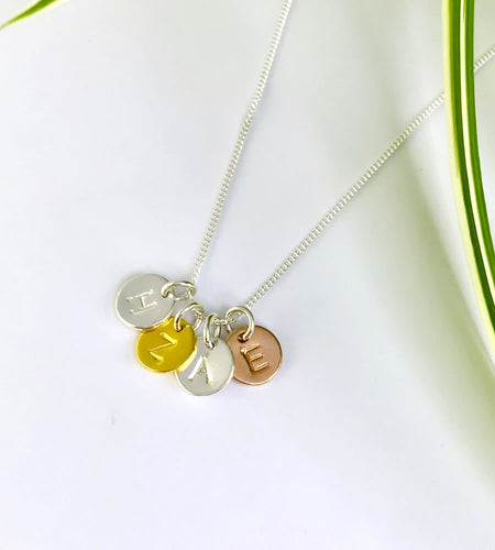 personalised four initial necklace in sterling silver, gold and rose gold