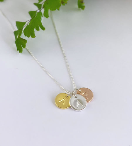 personalised three initial necklace in sterling silver, gold and rose gold