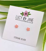 Load image into Gallery viewer, sterling silver pink daisy studs with tiny yellow centre