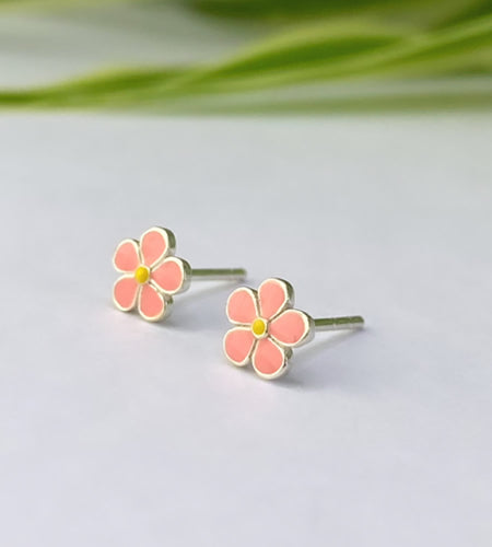 sterling silver and pink enamel flower studs