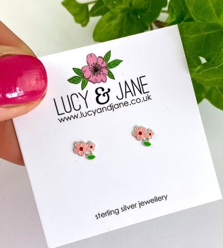 sterling silver small pink flower stud earrings