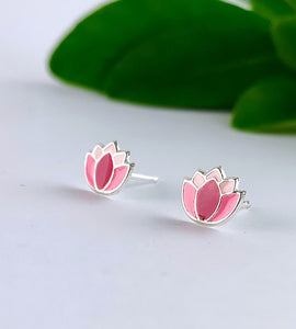 small pink lotus flower earrings in sterling silver 