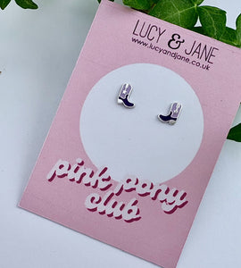 Sterling silver purple cowboy boots on a Pink Pony Club backing card