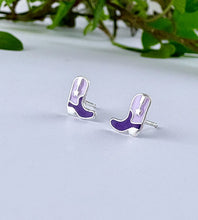 Load image into Gallery viewer, Purple cowboy boot earrings.  The Pink Pony Club earrings have had  purple glow up