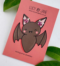 Load image into Gallery viewer, sterling silver pink sparkly devil heart studs on a Halloween themed Lucy and Jane earring card