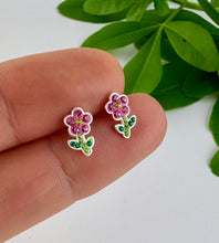 Load image into Gallery viewer, sterling silver sparkly flower studs with pink and green crystals