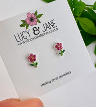 Load image into Gallery viewer, super sparkly pink and green flower studs on a Lucy and Jane earring card