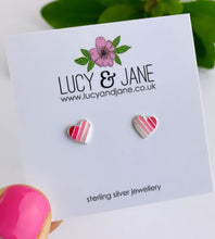 Load image into Gallery viewer, fun sterling silver stripey pink heart studs