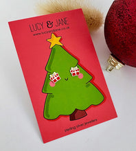 Load image into Gallery viewer, sterling silver red christmas parcel earrings on a christmas tree card