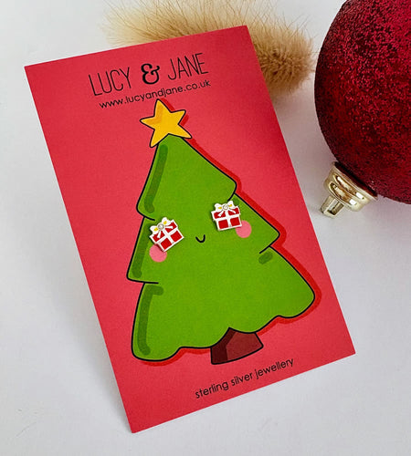 sterling silver red christmas parcel earrings on a christmas tree card