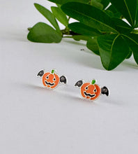 Load image into Gallery viewer, Halloween Sterling Silver Pumpkin Bat Studs